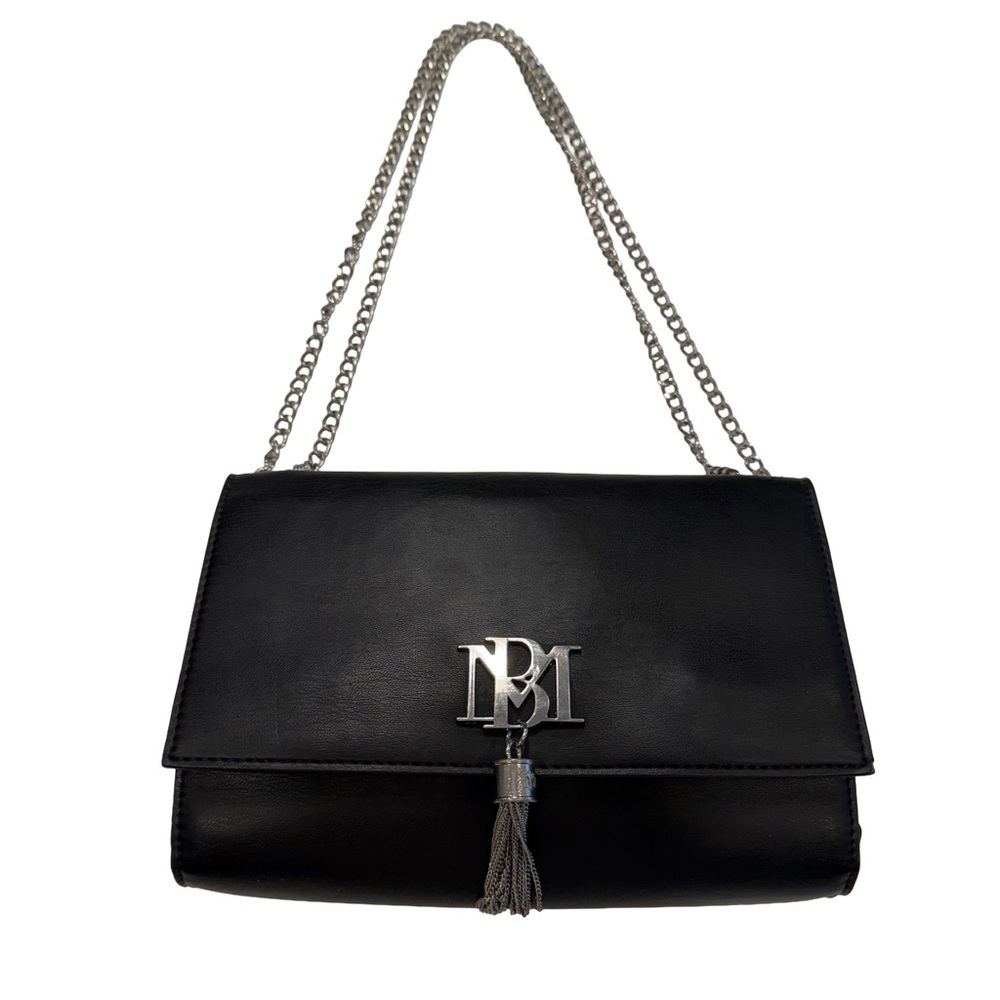 Badgley Mischka Black Monogram Tassel Crossbody / Should Bag silver logo  EUC